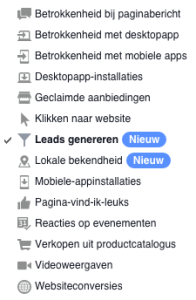 Facebook campagne doelen