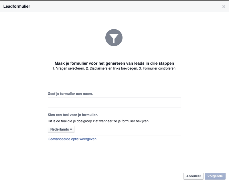 Facebook lead ads formulier voorbeeld