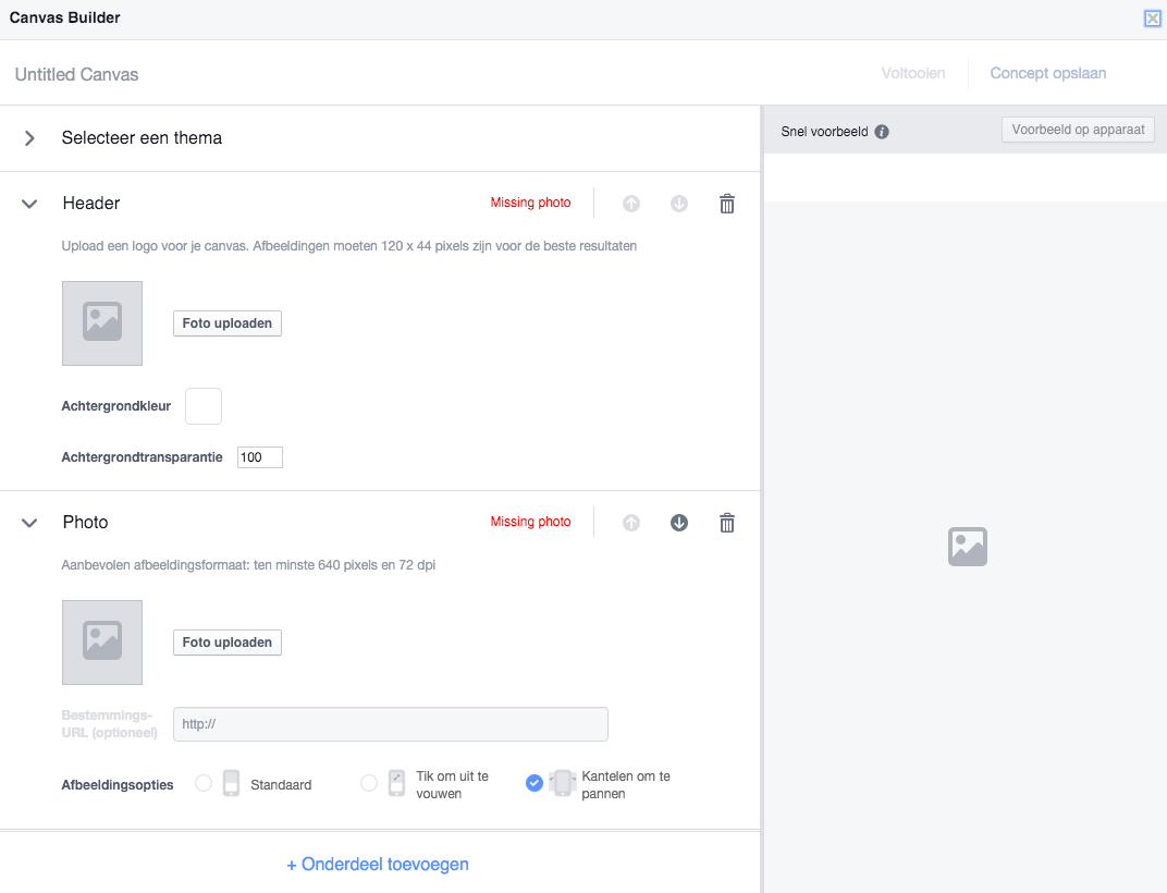 Voorbeeld facebook canvas maken en instellen